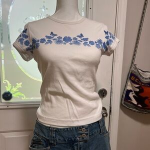 Vintage White Crewneck baby Tee with Blue Floral Trim